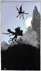 威廉-莎士比亚的《夏夜之梦》（1595 年）第三幕中描绘的精灵，W. Heat Robinson 绘制，康斯特布尔 1914 年插图版。 作者 威廉·希思·罗宾逊