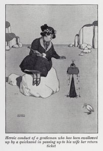 一位被流沙吞没的绅士将她的回程票递给他的妻子的英雄行为（平版印刷）。 作者 威廉·希思·罗宾逊