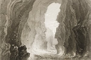 北爱尔兰安特里姆郡的邓克里洞穴，来自19世纪60年代George Virtue的“爱尔兰的风景和古物” 作者 威廉·亨利·巴特利特