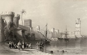 希腊罗得岛港口，由JC Armytage（1820-97）雕刻 作者 威廉·亨利·巴特利特