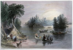 印第安人的帐篷和独木舟，圣洛朗河岸--载于伦敦W.H.Bartlett的 "加拿大风景图解"。 作者 威廉·亨利·巴特利特