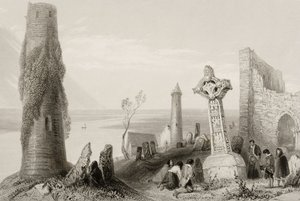 爱尔兰奥法利郡Clonmacnois的古代十字架和圆塔，来自“爱尔兰的风景和古物”（见131074） 作者 威廉·亨利·巴特利特