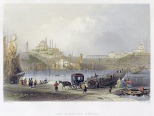 浮桥，伊斯坦布尔，由JC Bentley雕刻，1850年（aquatint） 作者 威廉·亨利·巴特利特