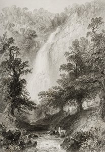 瀑布，Powerscourt，威克洛郡，爱尔兰，来自&39;爱尔兰的风景和古物&39;，由George Virtue，1860年代 作者 威廉·亨利·巴特利特