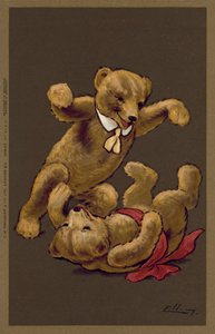 玩耍的男孩和女孩泰迪熊（彩色石版印刷） 作者 威廉·亨利·埃拉姆