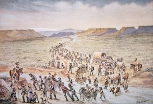 1850年摩门教手推车拓荒者前往西部的犹他州（彩色平版印刷）。