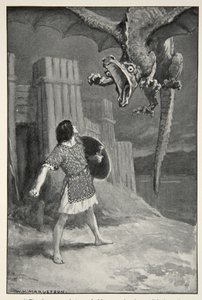 1910年，MI Ebbutt的“英雄种族的英雄神话与传说”中的龙向他倾斜，打开了它可怕的下颚 作者 威廉·亨利·马格森