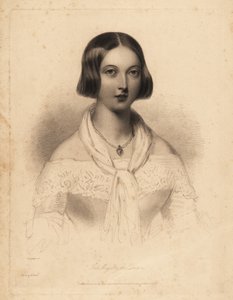 年轻的维多利亚女王，20 岁出头。威廉-亨利-莫特（William Henry Mote）根据查尔斯-希斯（Charles Heath）的《英国珍珠，或闺房肖像》（English Pearls, or Portraits for the Boudoir, Tilt and Bogue, London）中威廉-德拉蒙德（William Drummond）的插图绘制的钢线描版画。