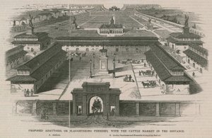 建议的屠宰场，或屠宰场所，与远处的牛市场 作者 William Henry Prior