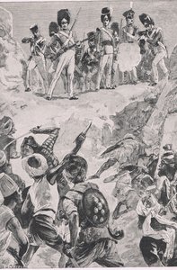 Carmichaels的追随者向密集的男人群中发射了一个凌空：Bharatpur 1826年战役，1915年英国陆地和海上战役的插图 作者 William Heysham Overend