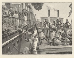 1887年3月18日在香蕉角的Emin Pasha救援探险队，蒸汽船马杜拉将乘客转移到刚果河蒸汽船 作者 威廉·海沙姆·奥弗兰德