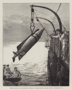 鱼雷实践HMS Thunderer，在实验运行后将Whitehead鱼雷吊在船上 作者 William Heysham Overend