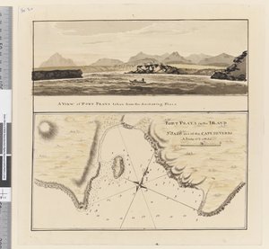 Page 3a 佛得角群岛圣贾戈岛海港海图。 标题为“佛得角海角圣贾戈岛的海旁港，比例为 2 到 1/2 英里”/从锚地拍摄的海旁港景色。” 作者 威廉·霍奇斯