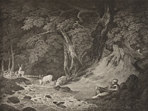 阿登森林，第二幕，第一幕，来自&39;你喜欢它&39;，来自The Boydell莎士比亚画廊，出版于19世纪末期 作者 威廉·霍奇斯