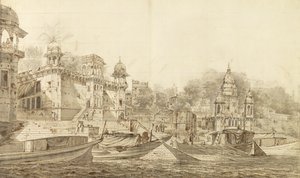 Benares市的一部分的视图，c.1781（灰色洗刷用刷子和墨水在铅笔在纸上放置在洗涤支架上） 作者 威廉·霍奇斯