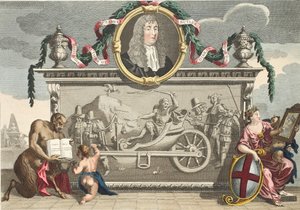 “Hudibras”的主题包括Samuel Butler的肖像，来自&39;Hogarth Restored：着名William Hogarth的全部作品的插图，由Thomas Cook&39;重新雕刻，酒吧。 1812年（手 - 作者 威廉·霍加斯