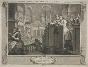 工业与闲置：勤劳的徒弟履行基督徒的职责，1747年。 作者 威廉·霍加斯