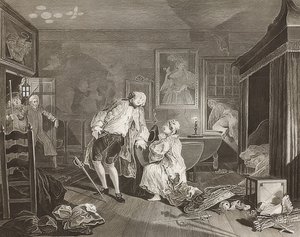 时尚婚姻。表格5：Bagnio - The Count决斗。 1745年 作者 威廉·霍加斯