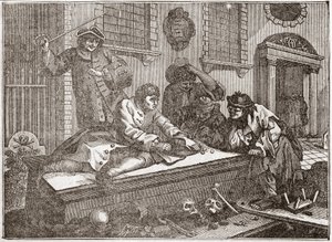 闲散的 "Prentice "在教堂院子里玩耍，在神圣的仪式中--这是英国插图画家威廉-霍加斯（1697-1764）的12幅系列版画中的一幅，题为 "工业与闲散"，"Zele与懒惰"，叙述了两个人的职业生涯。 作者 威廉·霍加斯