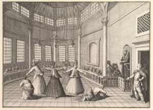 清真寺内部，跳舞Aubry de La Mottrayes的Dervishes游走于...，1723-24年。 作者 威廉·霍加斯