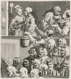笑的观众。 Hogarth在1733年看到Drury Lane与橙色嚼子 作者 威廉·霍加斯