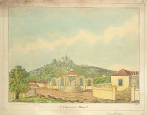 马德拉斯的圣托马斯山，约 1830 年（彩色雕刻） 作者 威廉·汉斯利