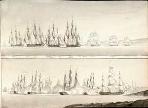 绘制战舰线条的不同模式，19 世纪早期（钢笔、灰水彩画） 作者 威廉·英尼斯·波科克