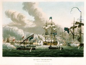 1816 年 8 月 27 日，"夏洛特女王号 "在轰炸阿尔及尔（阿尔及利亚）期间停泊在鼹鼠号附近。彩色蚀刻版画，5 月 15 日 作者 威廉·英尼斯·波科克
