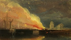 布里斯托尔暴动：与圣玛丽·雷德克利夫（St Mary Redcliffe）在王子街大桥上焚毁的收费站 作者 威廉·詹姆斯·穆勒