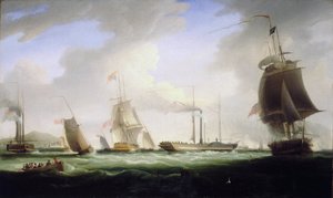 8 月 12 日，英国国王乔治四世（1762-1830 年）登上邮政服务的第一艘蒸汽船 "闪电号"，前往都柏林（爱尔兰）。 作者 威廉·约翰·哈金斯