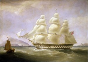 中国沿海的印度洋船 "Triton "号，可见一艘当地小船。布面油画 作者 威廉·约翰·哈金斯