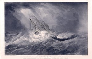 1824 年，船主兼船长阿尔弗雷德-查普曼乘坐的 "伍德福德 "号轮船（1819 年建，英国布里斯托尔）在往返于马德拉斯（印度）和英国的途中遭遇风暴。 作者 威廉·约翰·哈金斯