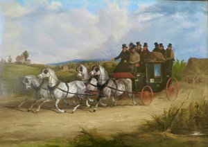 由一队灰马牵引的伦敦至布莱顿驿车（布面油画） 作者 威廉·约瑟夫·谢耶
