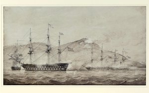 1841 年，英国皇家海军舰艇 "Wellesley "号、"Columbine "号和 "Grisel "号在中国厦门外海航行。拉维斯号 作者 威廉·乔伊