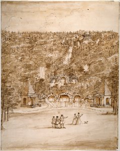 查茨沃斯：瀑布设计，1740 年代早期（纸上铅笔和棕色墨水加棕色水彩）