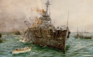 英国皇家海军 "大胆号 "触雷后在斯威利湖附近沉没，1914 年 10 月 27 日，20 世纪初（水彩画） 作者 威廉·莱昂内尔·威利