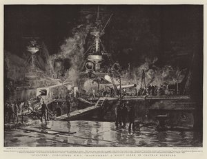 加班，完成HMS Magnificent，Chatham造船厂的夜景 作者 William Lionel Wyllie