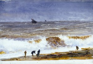 海滨贝尔克（Berck-sur-Mer）（法国）的海滩，波涛汹涌的大海和海滩上的人物。水彩画，1890 年以后，作者威廉-莱昂内尔-怀利（1851-1931 年）。 作者 威廉·莱昂内尔·威利