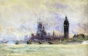 威斯敏斯特桥、议会和大本钟，位于伦敦（英格兰）。水彩画，19 世纪末 20 世纪初，作者威廉-莱昂内尔-怀利（William Lionel Wyllie，1851-1931 年）。 作者 威廉·莱昂内尔·威利