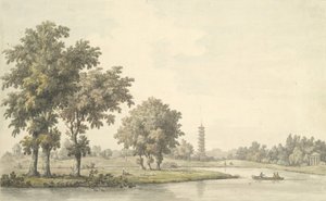 从邱园的草坪上看湖和岛，1763年。 作者 威廉·马洛