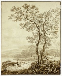 湖边蜿蜒的道路，前景有大树和休息的旅行者 作者 威廉·马歇尔·克雷格