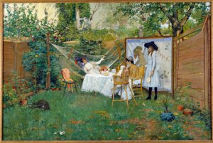 1888 年左右在户外享用早餐 花园里的年轻女性，其中一位在吊床上。 威廉·梅里特·蔡斯 (1849-1916) 的画作，1888 年托莱多。 艺术博物馆 作者 威廉·梅里特·蔡斯