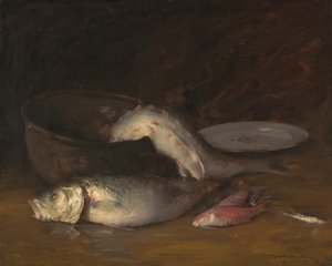 有鱼的静物，约 1910 年（布面油画） 作者 威廉·梅里特·蔡斯