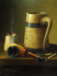 有烟斗、水杯和火柴的静物（布面油画） 作者 威廉·迈克尔·哈内特