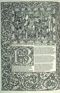 “ Troilus and Criseyde”的场景，历史化的首字母“ B”，整页边框的手稿，1896年 作者 威廉·莫里斯