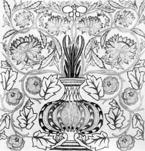 花盆"，由威廉-莫里斯（1834-96 年）设计、梅-莫里斯完成的刺绣面板（黑白印刷品） 作者 威廉·莫里斯