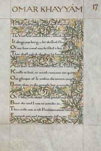 欧玛尔-海亚姆的《鲁拜耶特》；第 55 - 57 节。威廉-莫里斯（William Morris）书写和装饰的书法作品，边饰为树叶和花朵 作者 威廉·莫里斯