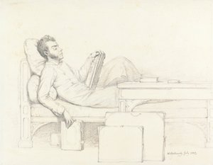 艺术家躺在哥特式沙发上看书的自画像 作者 威廉·穆雷迪（William Mulready）