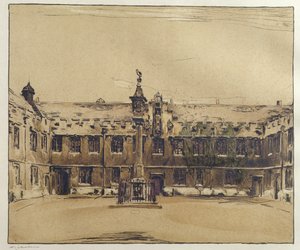 牛津大学基督圣体学院前院（纸上水墨钢笔画） 作者 威廉·尼科尔森