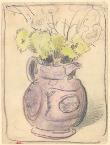 花瓶：光泽壶中的黄色菊花（黑色和彩色粉笔画在纸上）